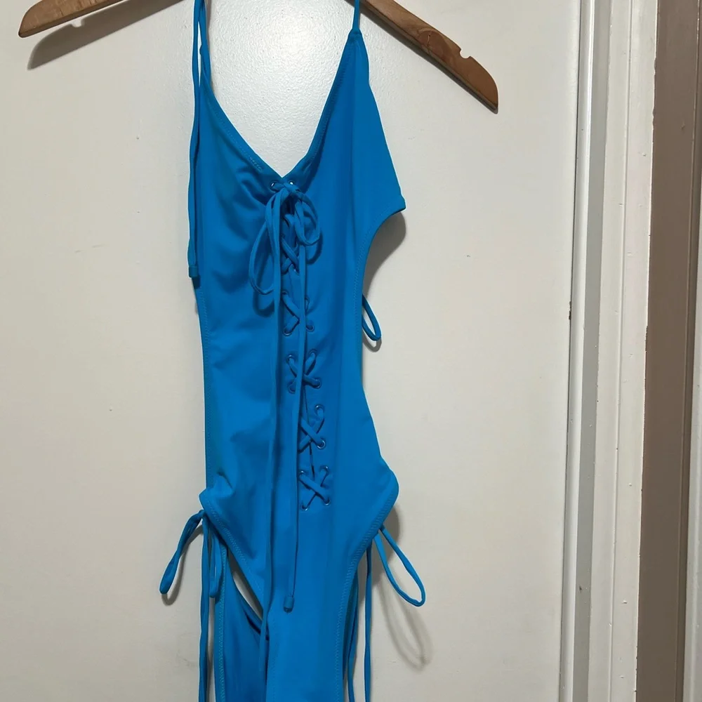 SKIMS Signature Swim Lace Up Monokini Turquoise Blue XL Beach Kim Kardashian NWT